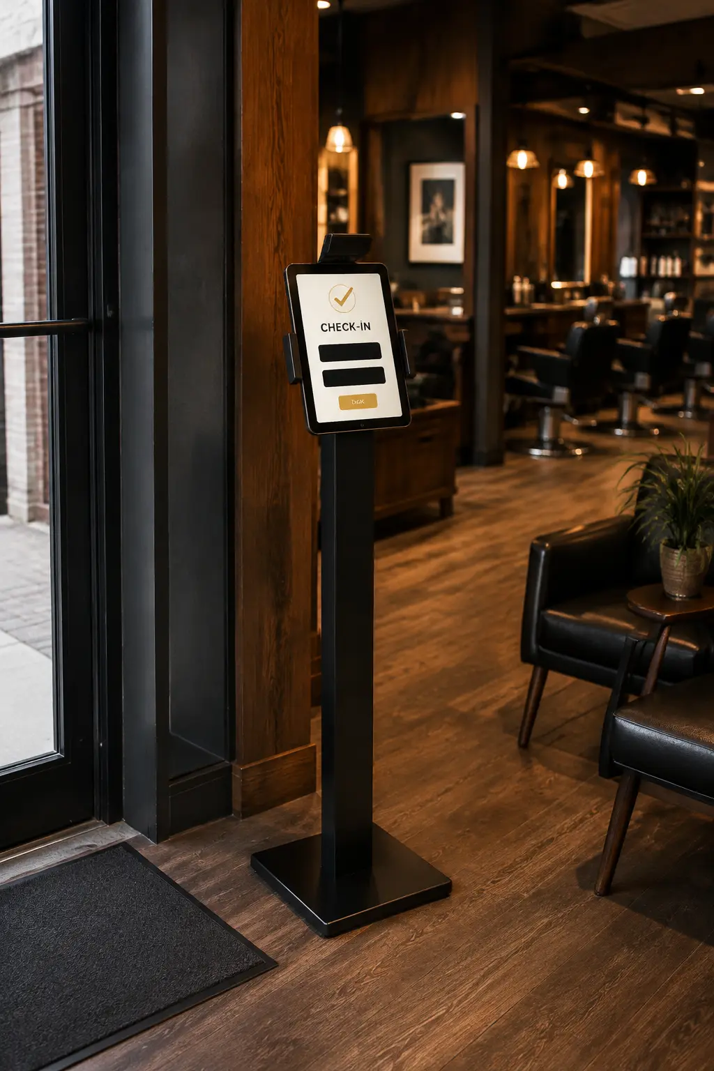 Floor-standing tablet kiosk near the entrance of a barbershop