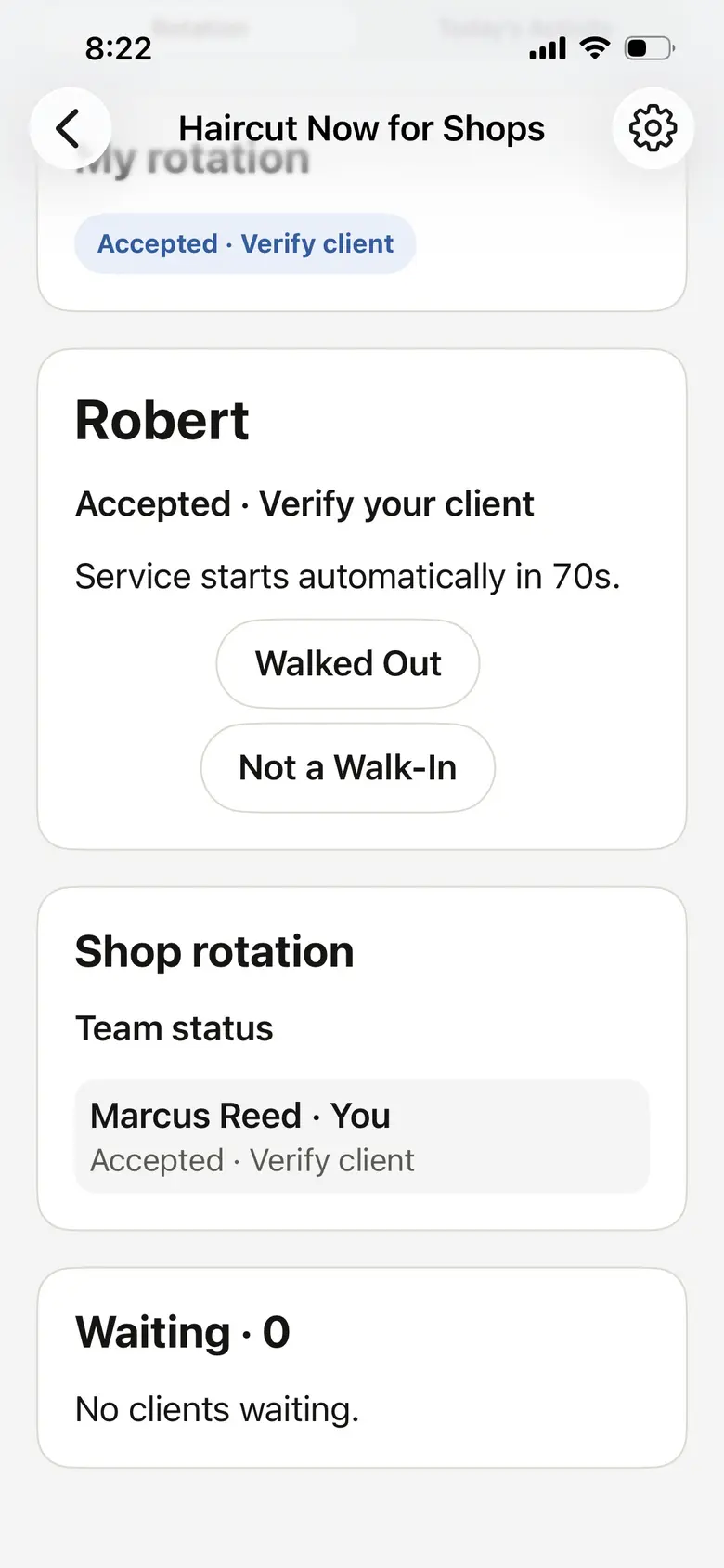 Walk-In Manager screen with accepted walk-in verification, Walked Out, and Not a Walk-In controls