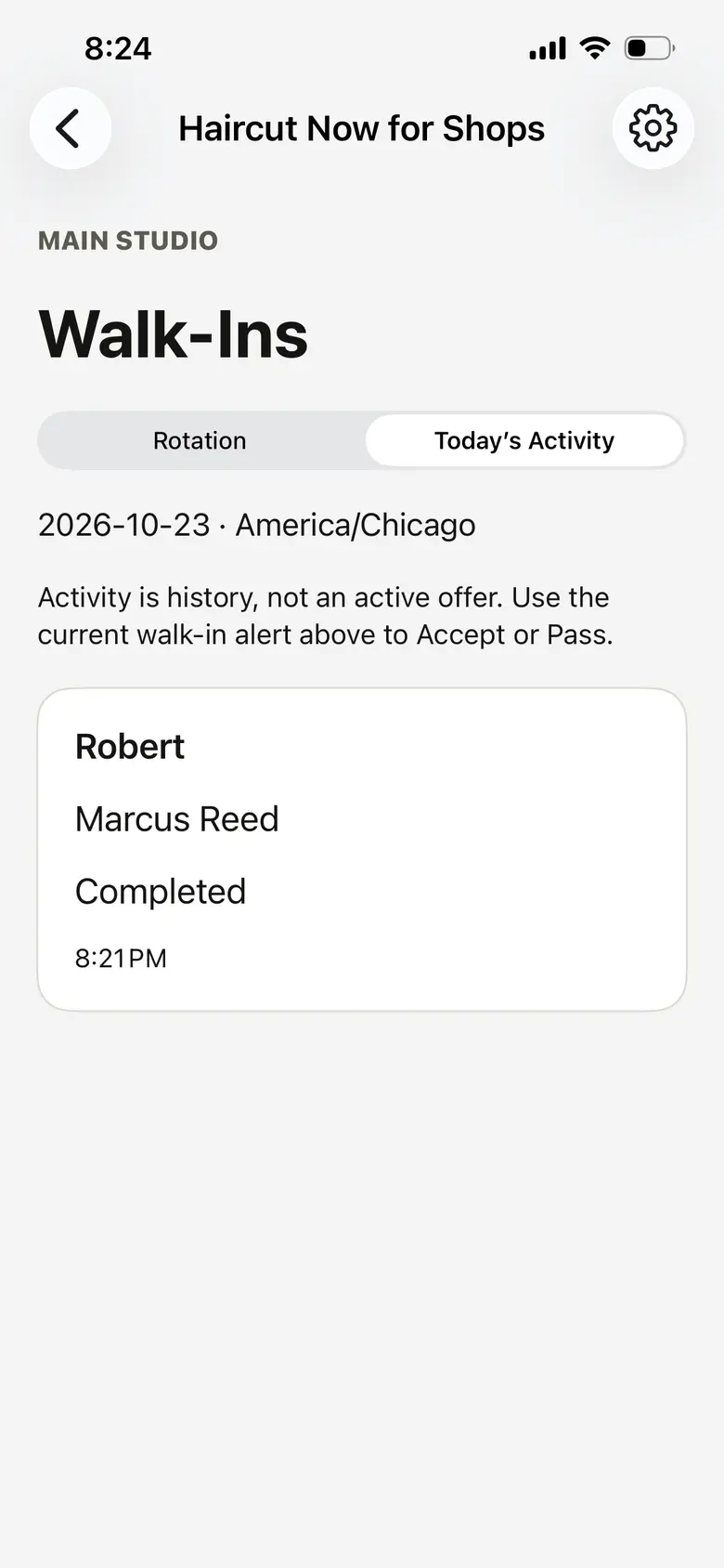 Walk-In Manager Today's Activity screen showing a completed walk-in