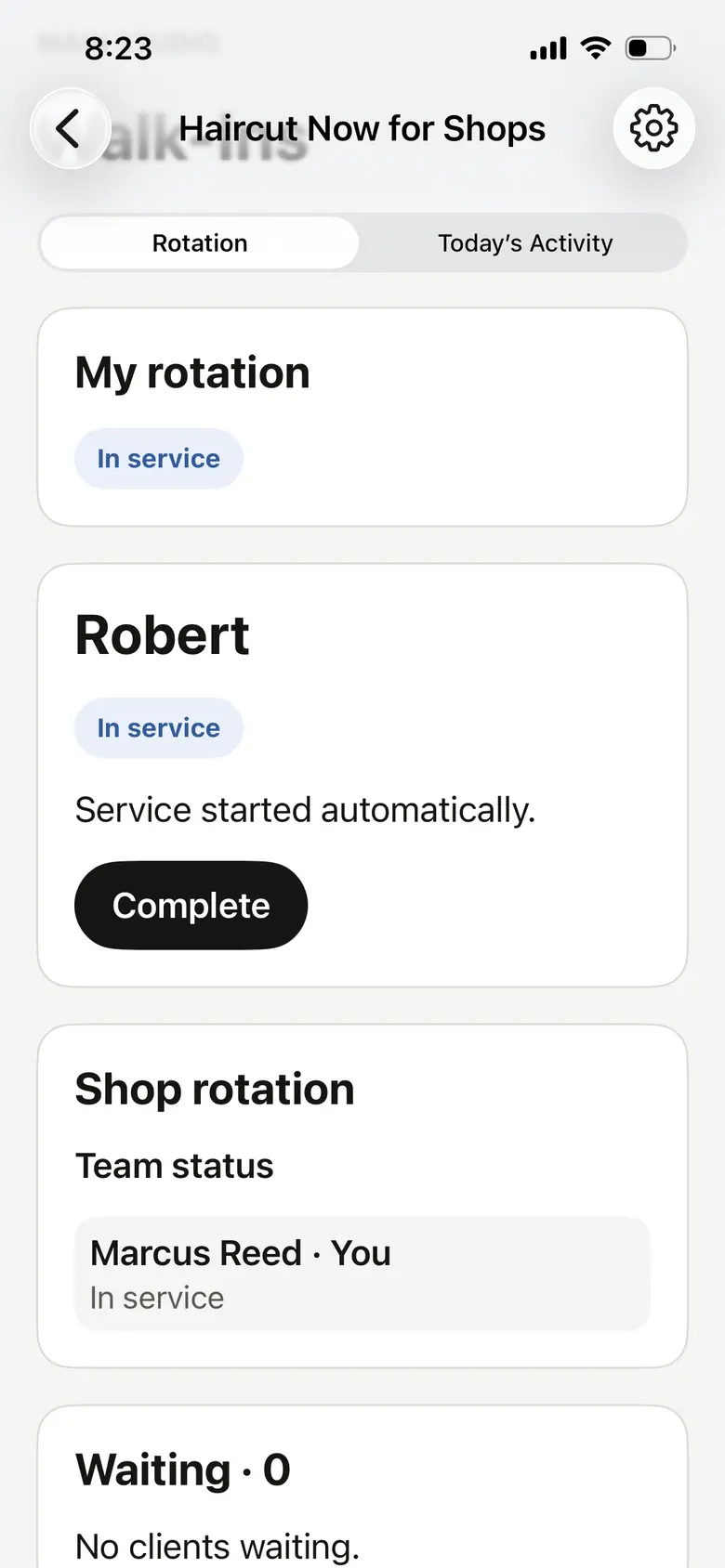 Walk-In Manager screen showing an in-service walk-in and Complete control